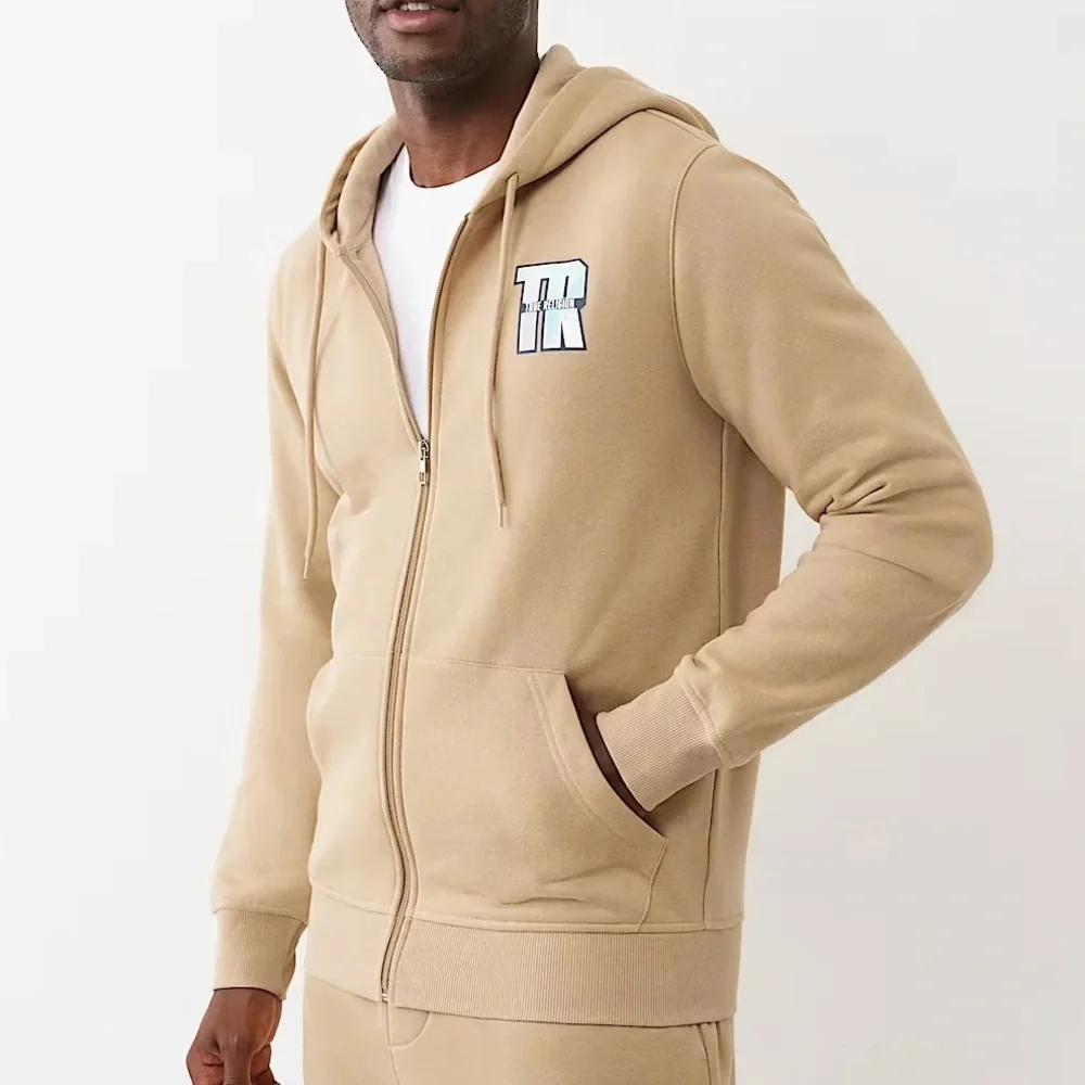 True Religion Men M Travertine Tan Fleece Y2K 90s Iridescent Logo Zip Hoodie NWT